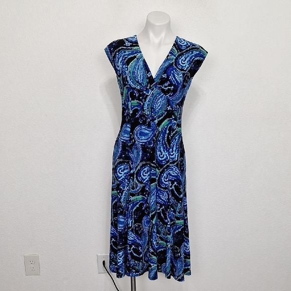 Chaps Corpcore Blue Paisley V-Neck Academia Preppy Versatile Midi Dress Size S - Picture 2 of 12